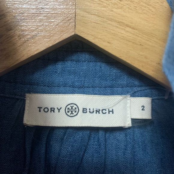 Tory Burch Chambray Ruffle Neck Blouse Size 2 Cotton Linen Blue - Picture 10 of 12